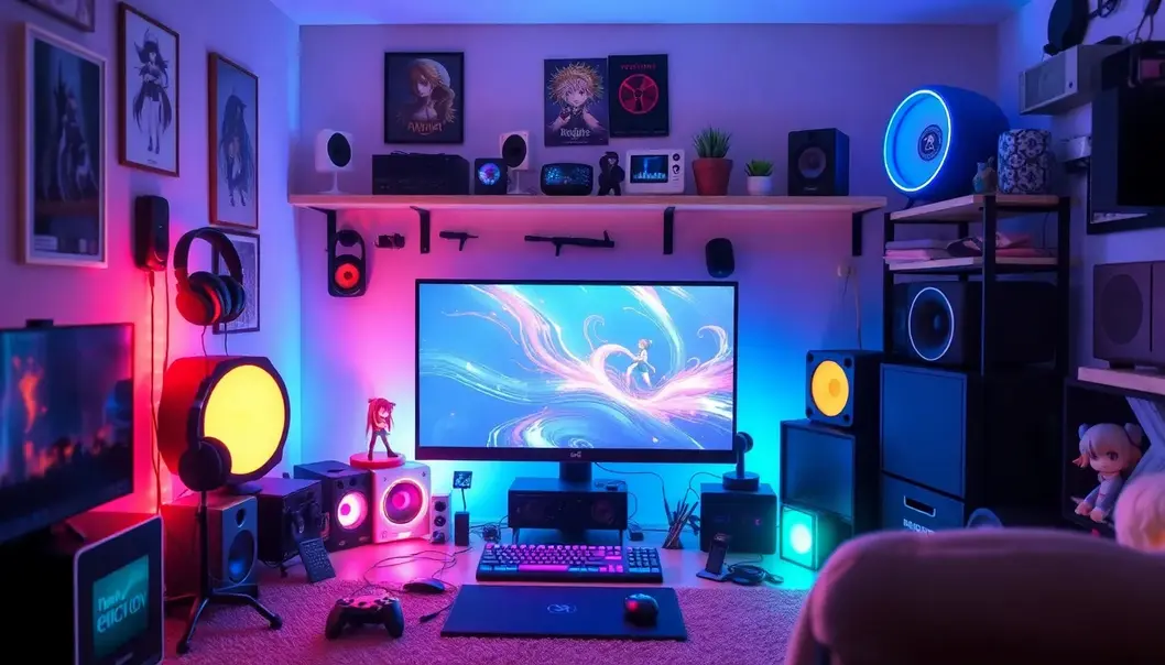 A room filled with tech gadgets and anime items, creating a fan-friendly environment.