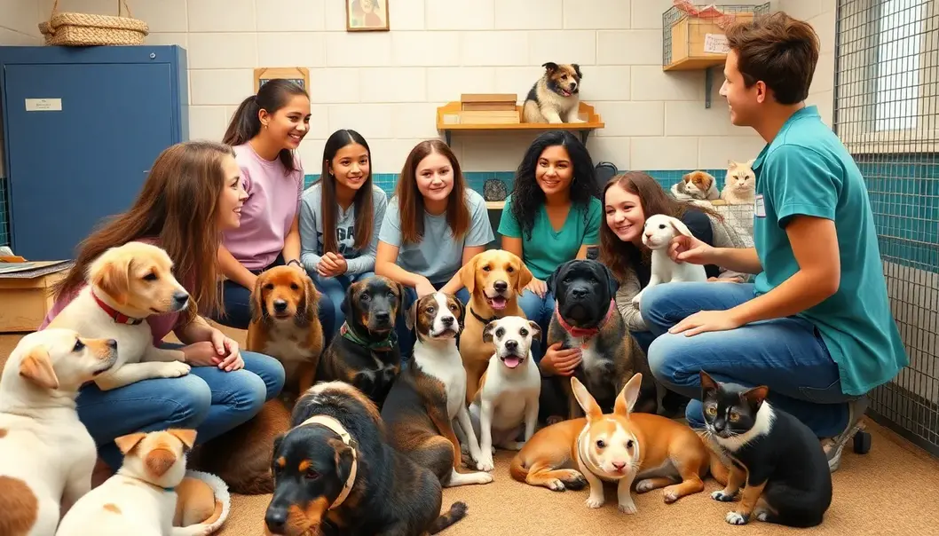 Teens choosing their perfect rescue pets with guidance.