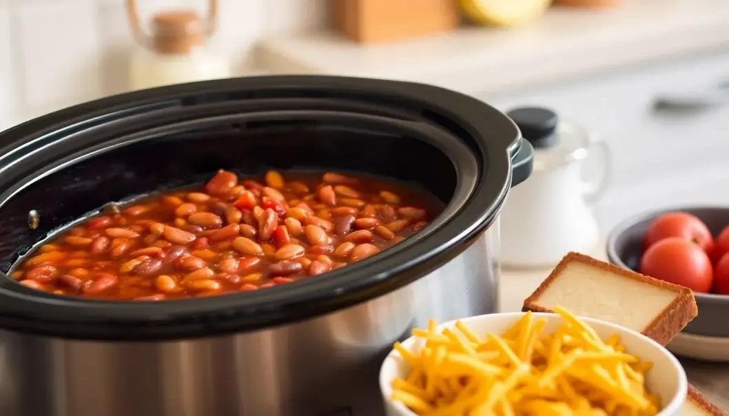 A simmering beef stew in a slow cooker, ready to serve.