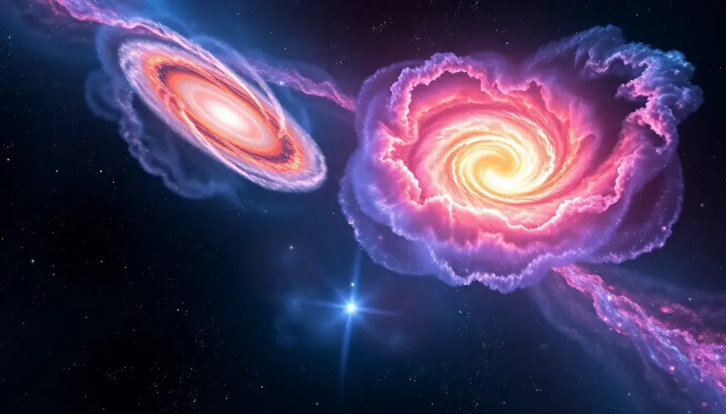 Two galaxies colliding in space, showcasing grand cosmic dynamics.