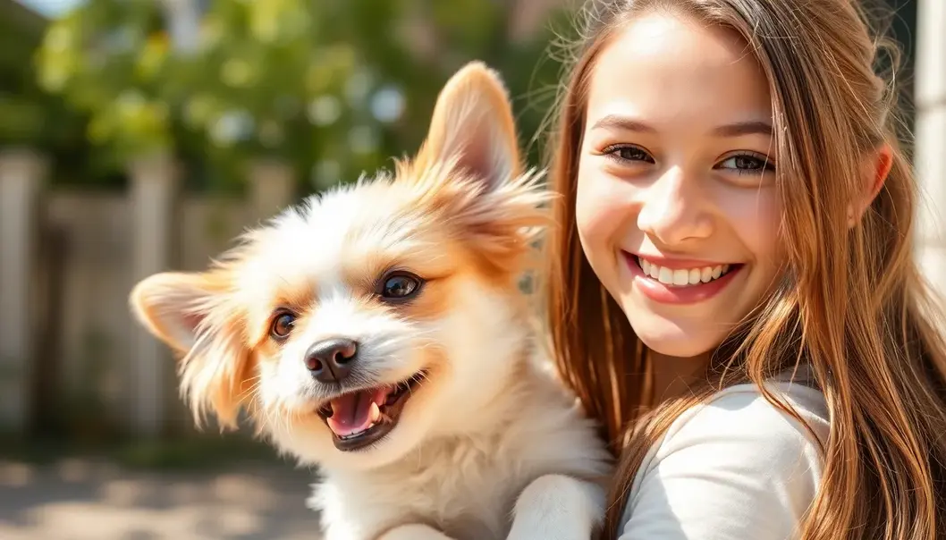 Teenager and rescue dog happily posing outside.