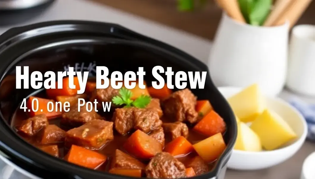 A simmering beef stew in a slow cooker, ready to serve.