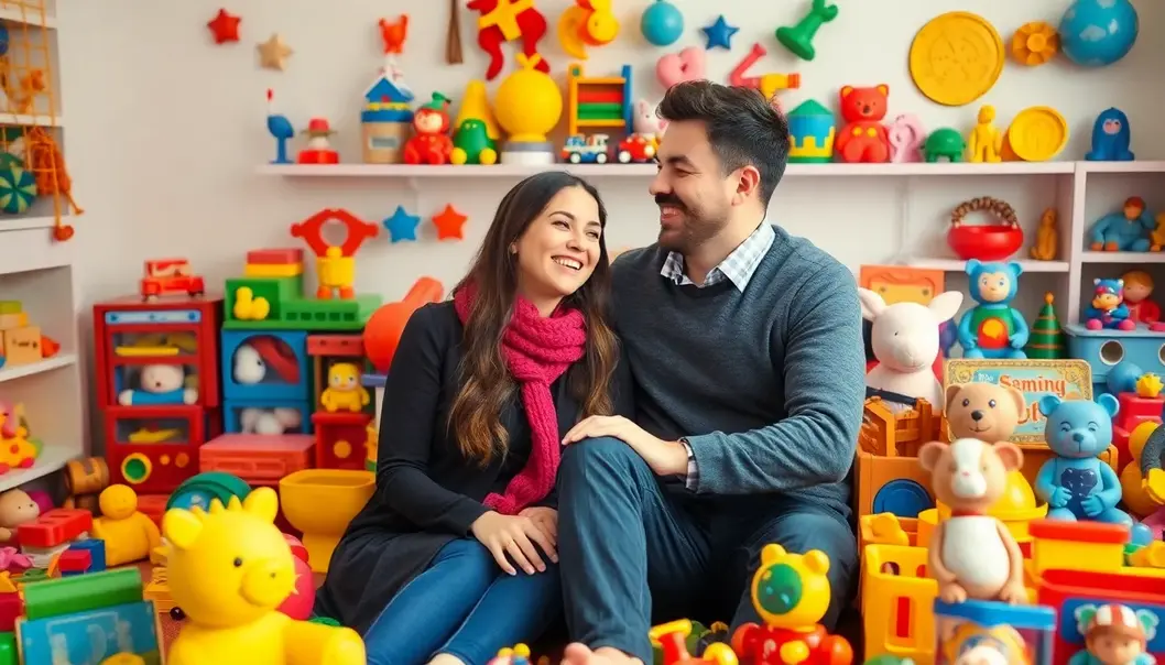 Couple joyfully choosing toys in a store.