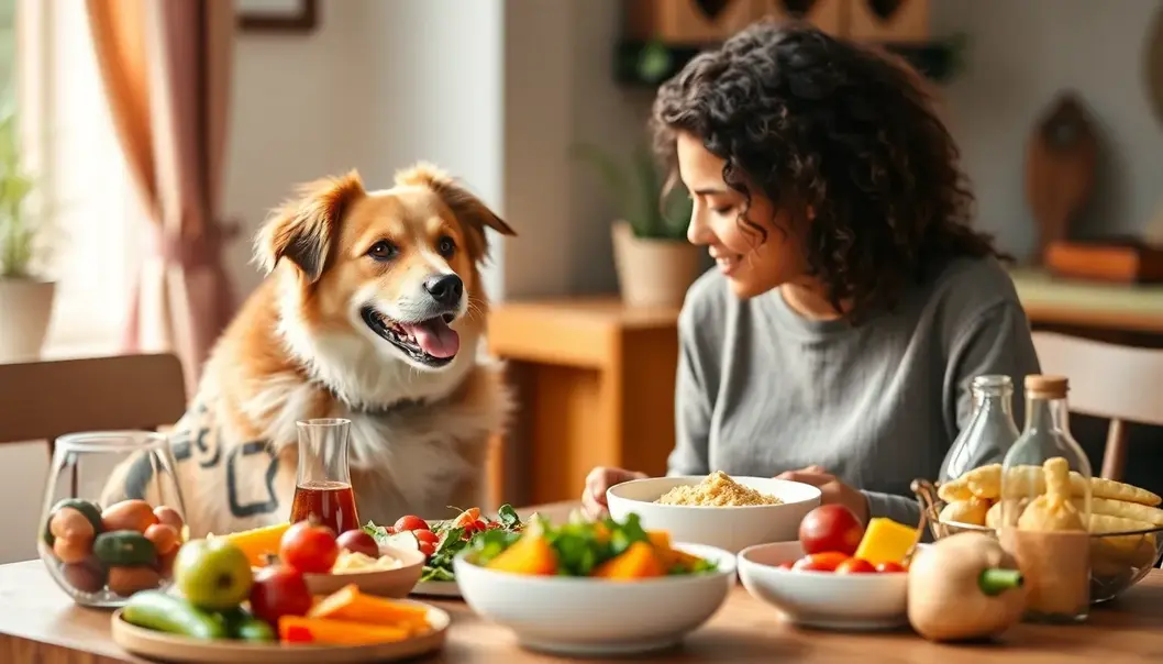 Pet owner and dog eating together with a variety of colorful, nutritious foods in a warm setting.