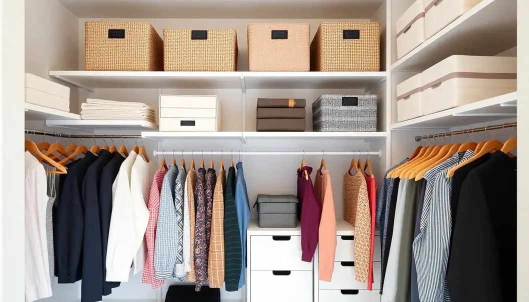 A well-organized shared closet highlighting efficient use of space and categorized storage.
