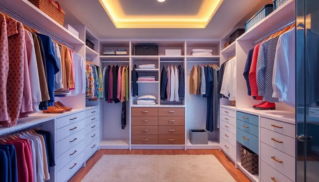 A neatly organized shared closet with good lighting, showcasing functional and efficient storage.