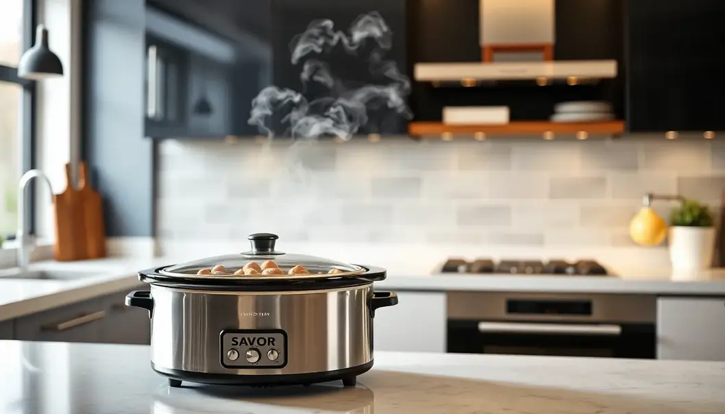 Modern kitchen with a slow cooker emitting steam, emphasizing stylish simplicity.