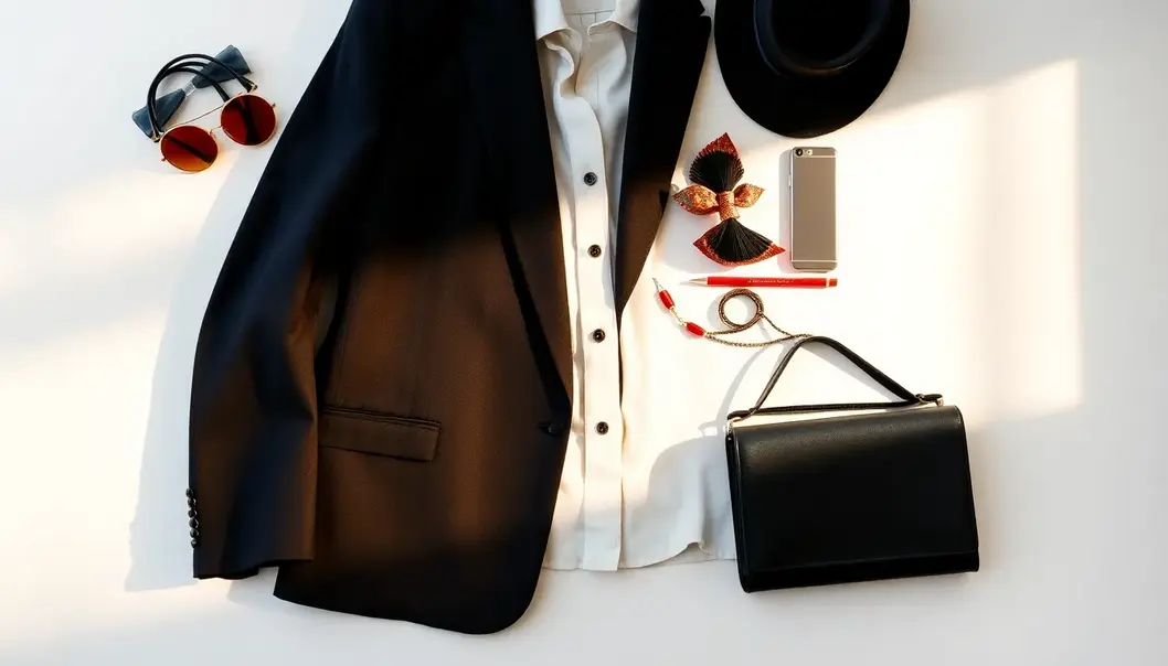 A workspace with bold accessories and a professional outfit neatly arranged.