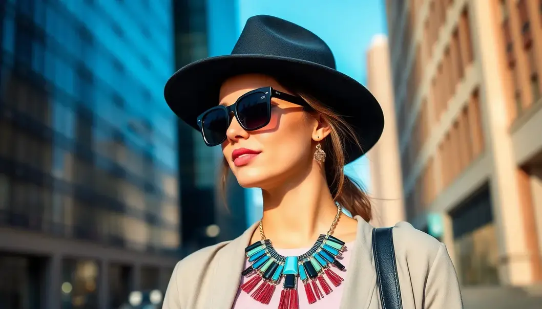 Young adult with statement jewelry in a city environment.